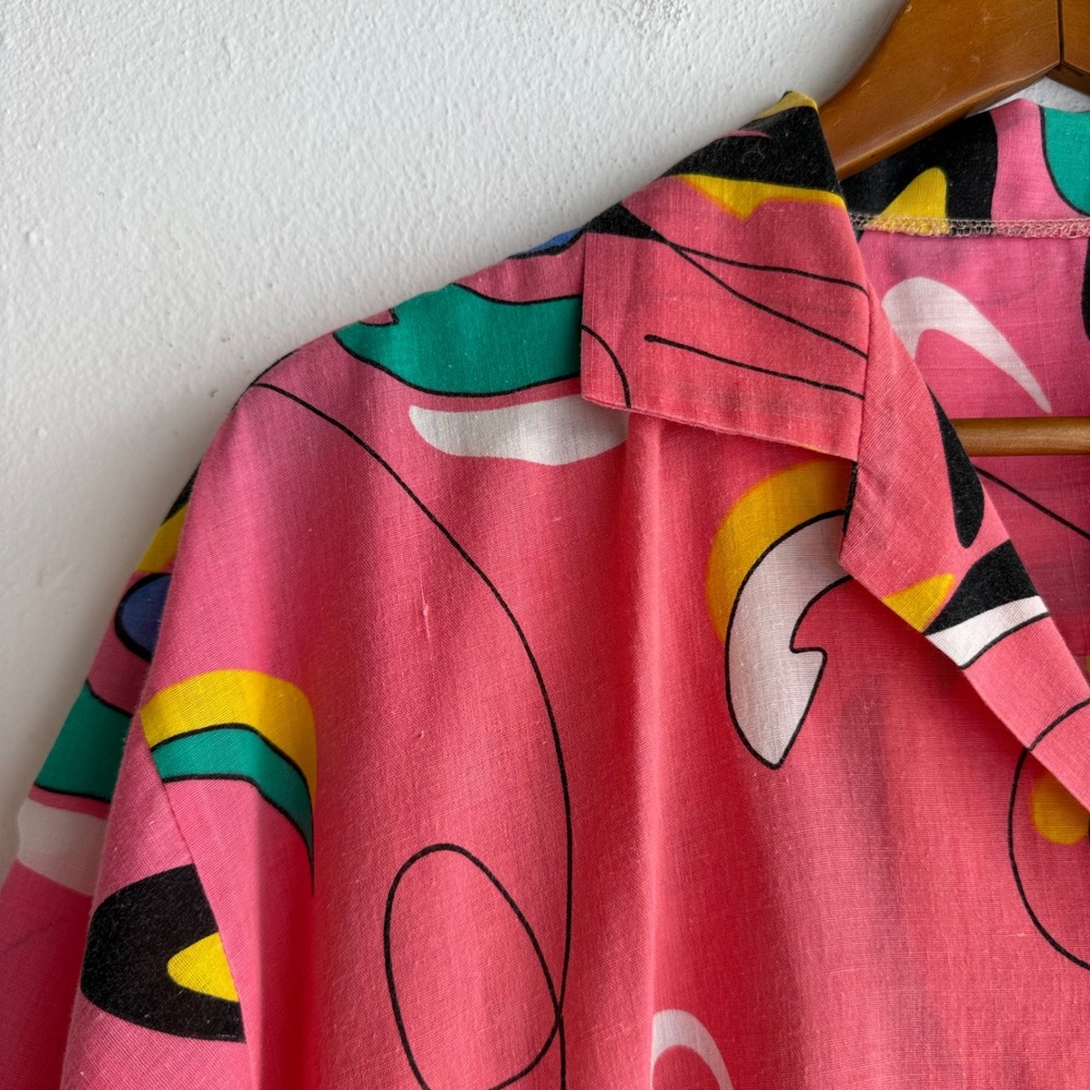 Vintage Style Abstract Art Geometric Print Pink Short Sleeve Button Down Shirt